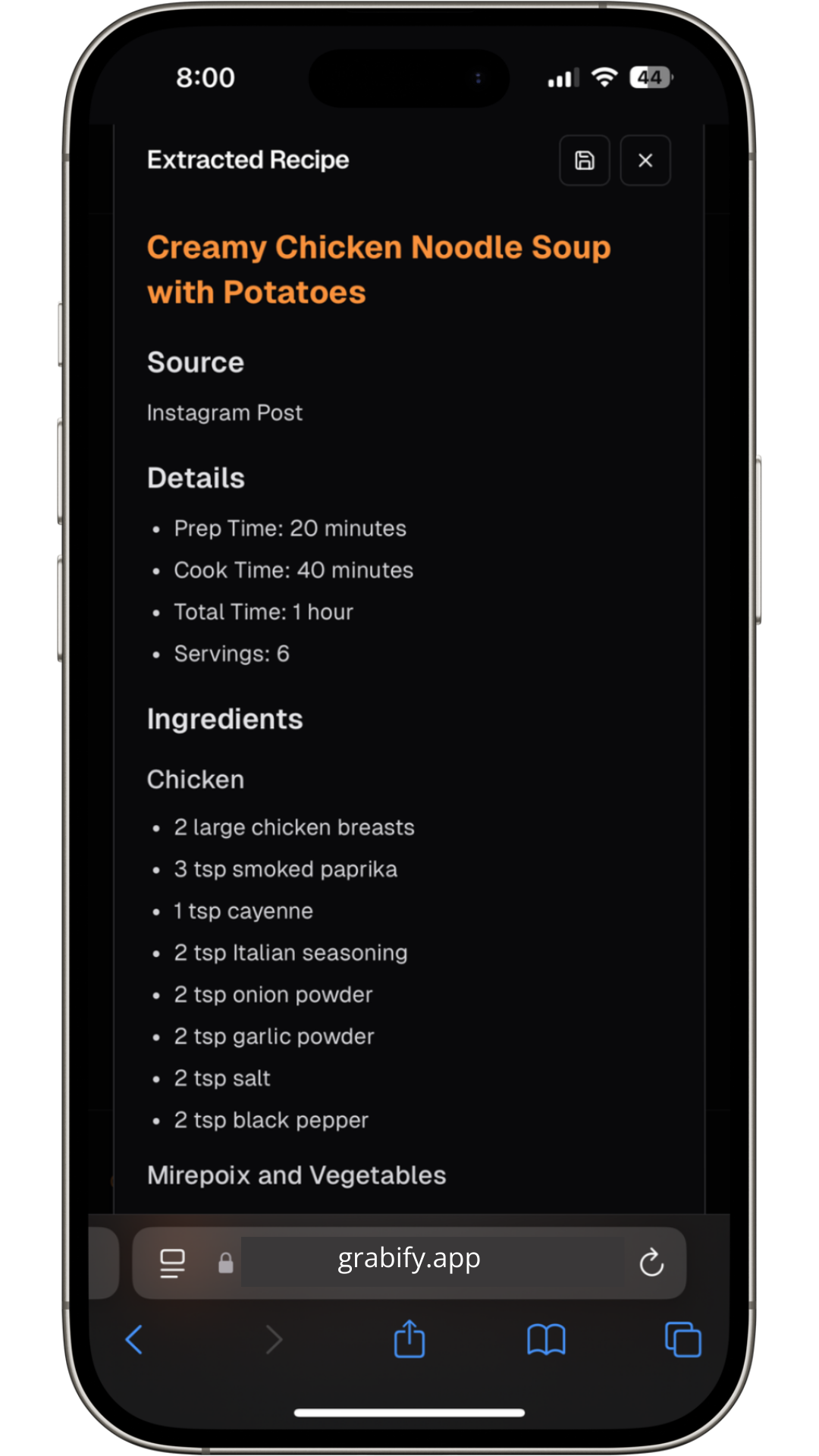 Recipe extraction process on a mobile device
