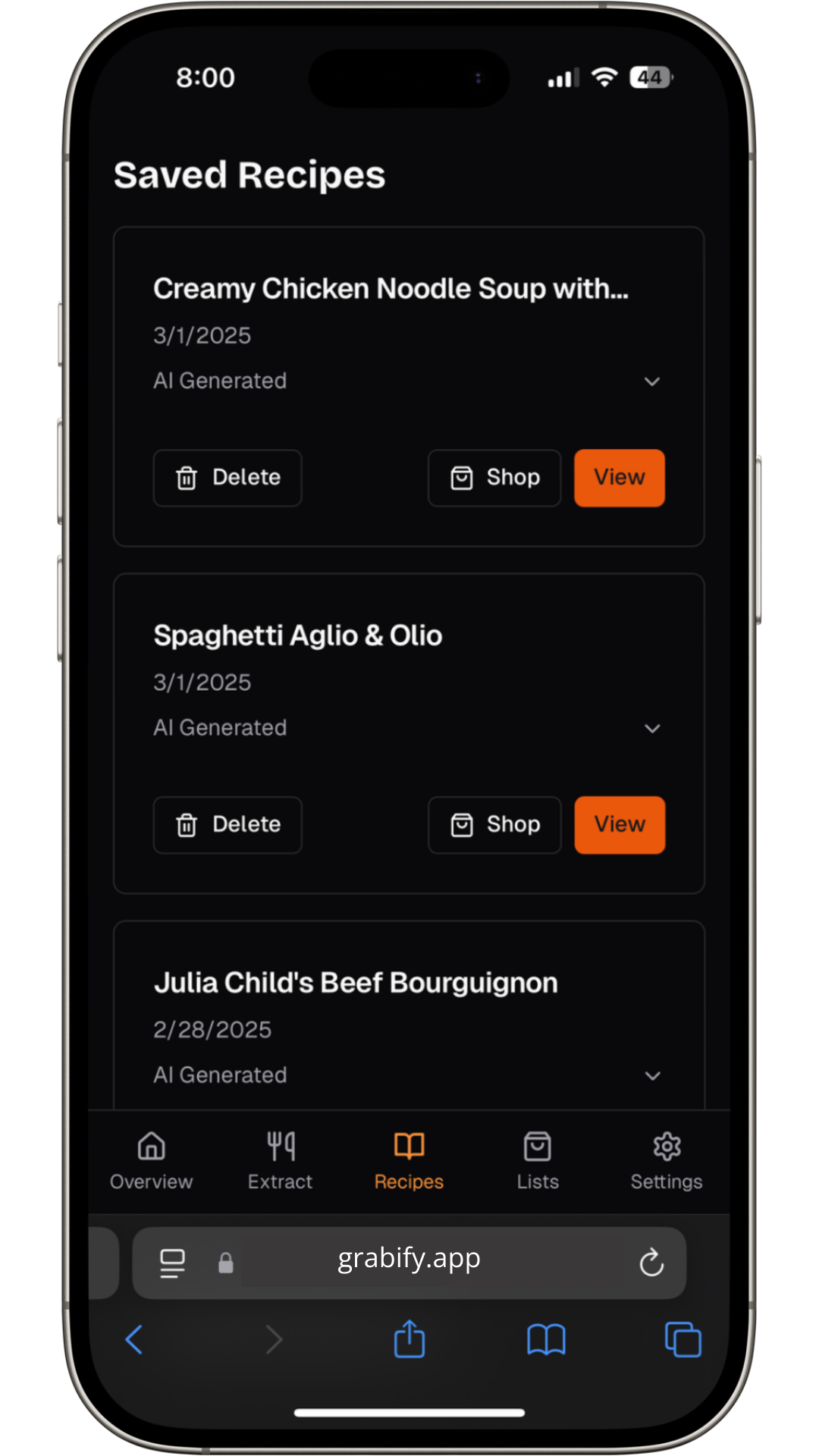 Recipe organization on a mobile device